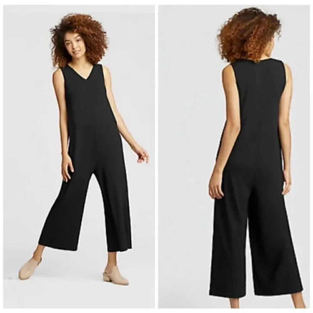 Eileen Fisher Womens Jumpsuit XXS Black Stretch V-neck Wide Leg Crop Minimalist
